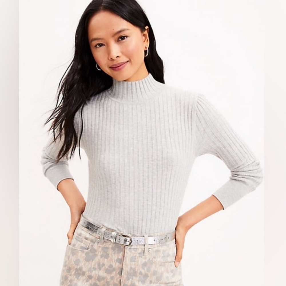 LOFT Women's Ribbed Turtleneck Sweater Heather Grey NWT